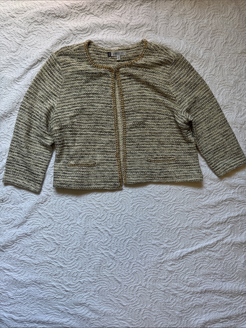 Jennifer Lopez Cream and Gold Tweed Open-Front Cardigan